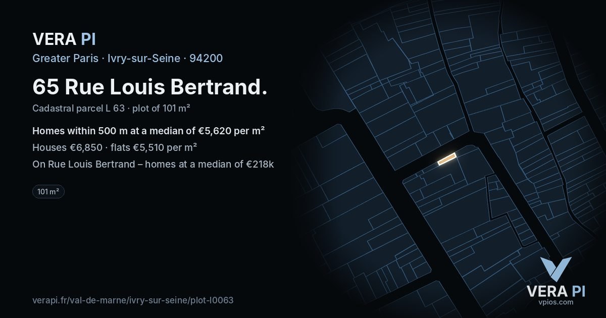 65 Rue Louis Bertrand, Ivry-sur-Seine at night – the plot lit, the parcels around coloured by the prices near them