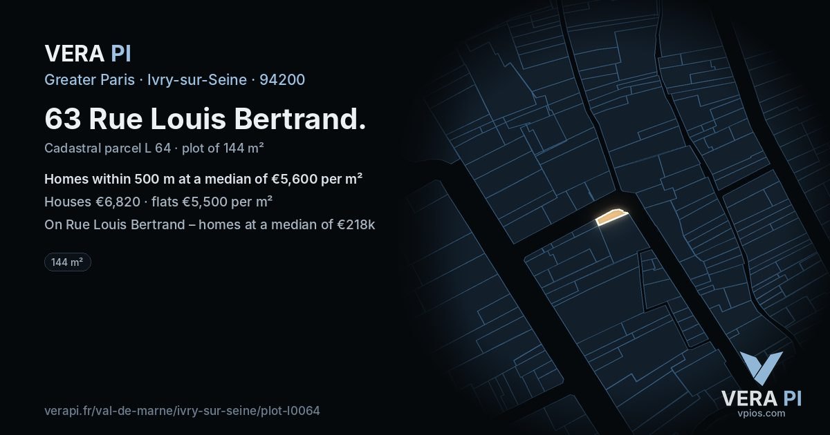 63 Rue Louis Bertrand, Ivry-sur-Seine at night – the plot lit, the parcels around coloured by the prices near them