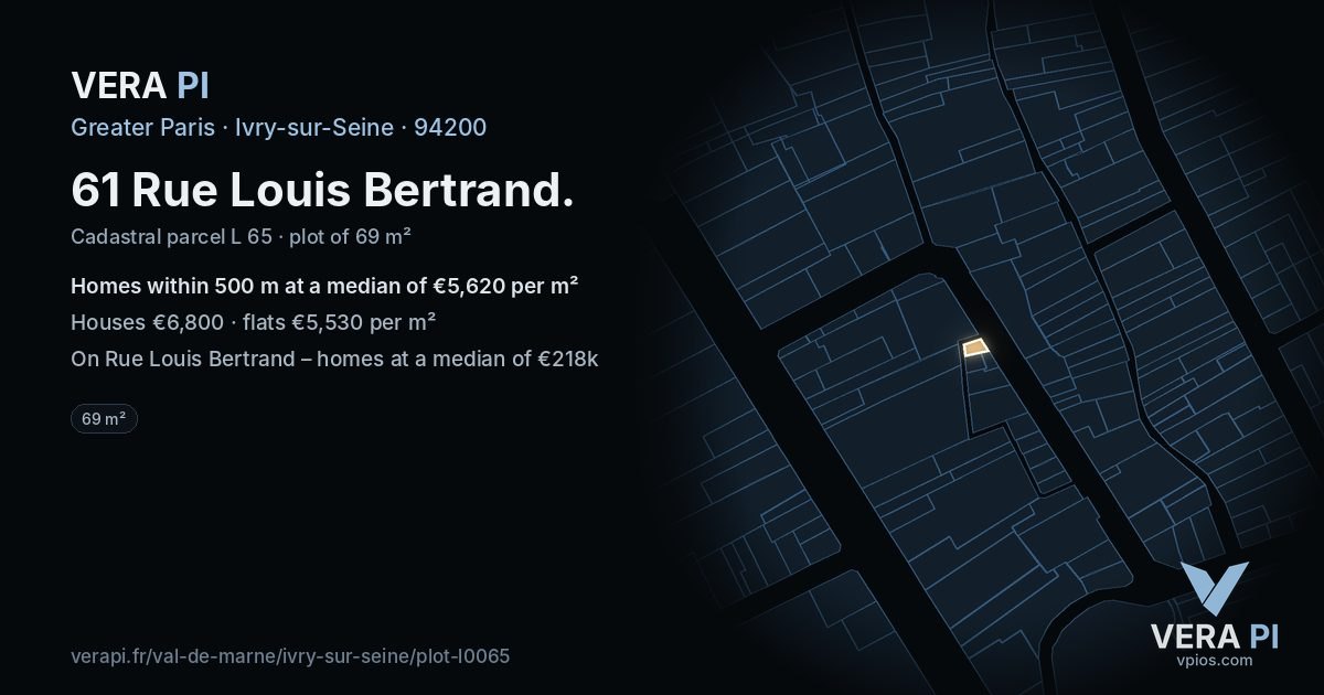 61 Rue Louis Bertrand, Ivry-sur-Seine at night – the plot lit, the parcels around coloured by the prices near them