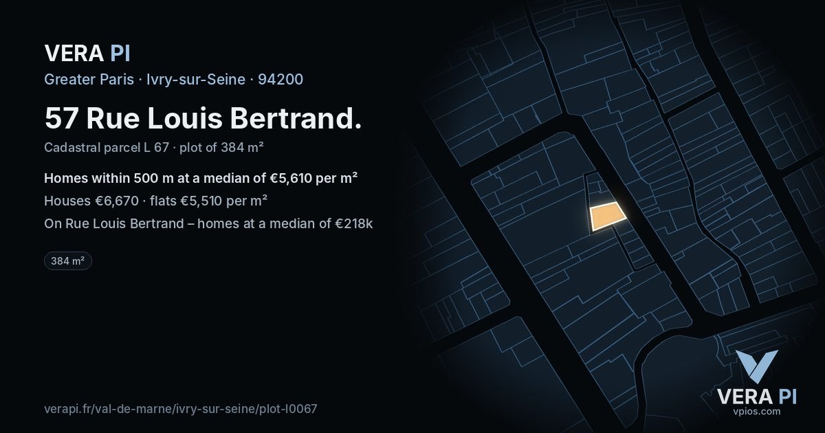 57 Rue Louis Bertrand, Ivry-sur-Seine at night – the plot lit, the parcels around coloured by the prices near them