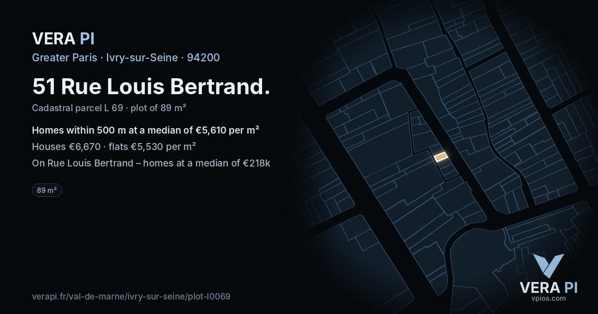 51 Rue Louis Bertrand, Ivry-sur-Seine at night – the plot lit, the parcels around coloured by the prices near them