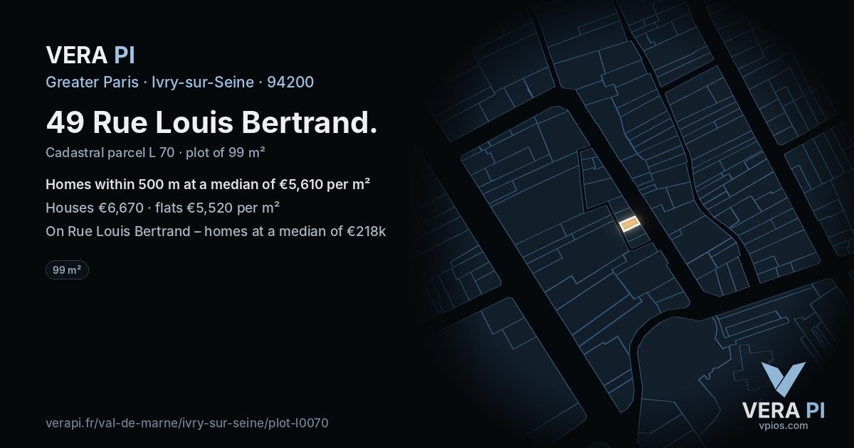 49 Rue Louis Bertrand, Ivry-sur-Seine at night – the plot lit, the parcels around coloured by the prices near them