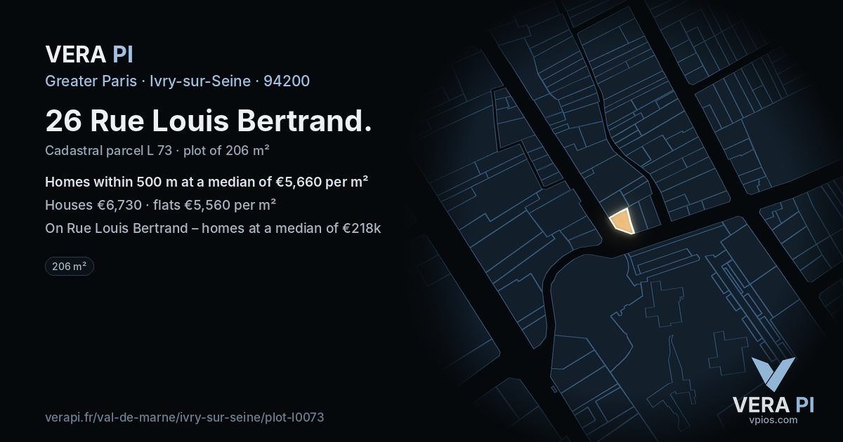 26 Rue Louis Bertrand, Ivry-sur-Seine at night – the plot lit, the parcels around coloured by the prices near them
