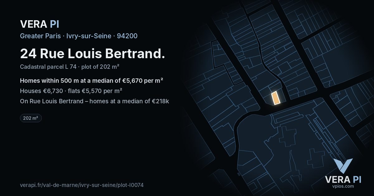 24 Rue Louis Bertrand, Ivry-sur-Seine at night – the plot lit, the parcels around coloured by the prices near them