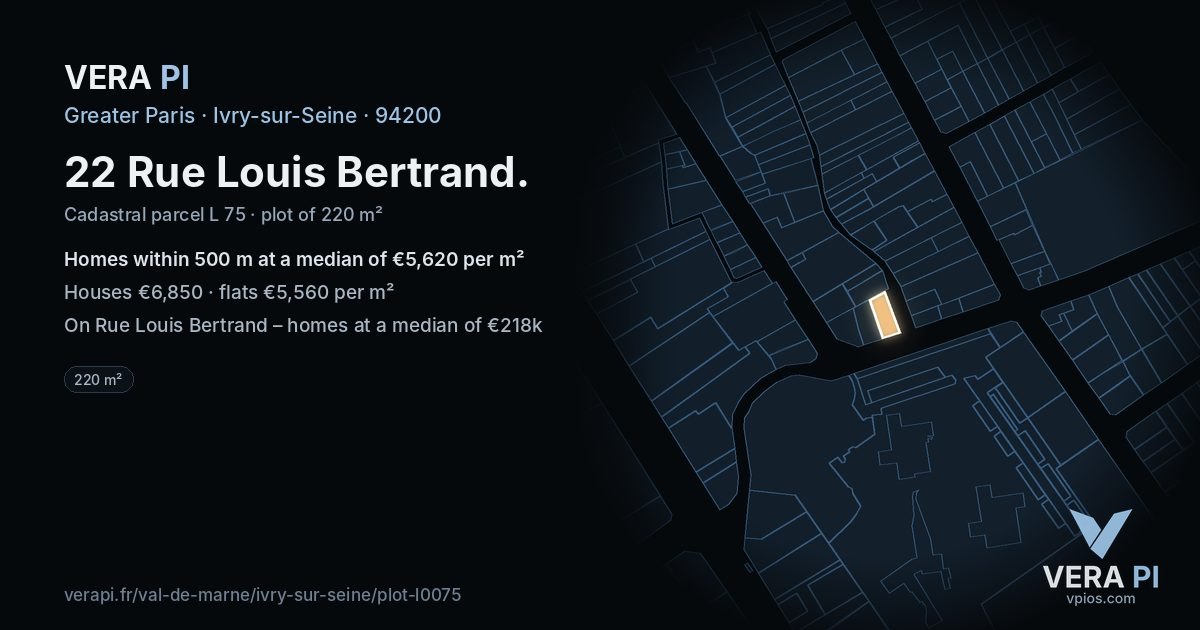 22 Rue Louis Bertrand, Ivry-sur-Seine at night – the plot lit, the parcels around coloured by the prices near them