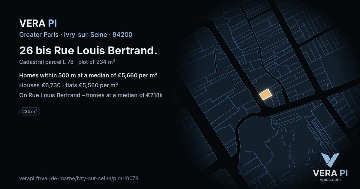 26 bis Rue Louis Bertrand, Ivry-sur-Seine at night – the plot lit, the parcels around coloured by the prices near them