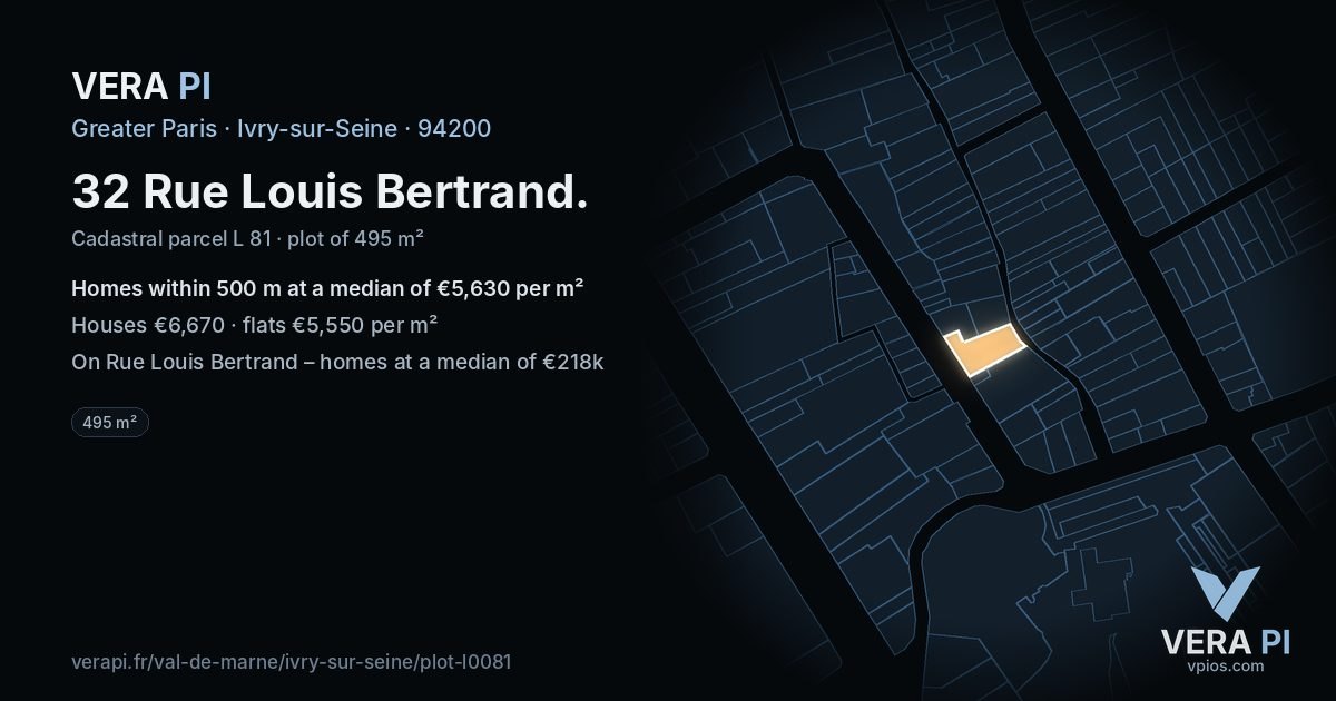 32 Rue Louis Bertrand, Ivry-sur-Seine at night – the plot lit, the parcels around coloured by the prices near them