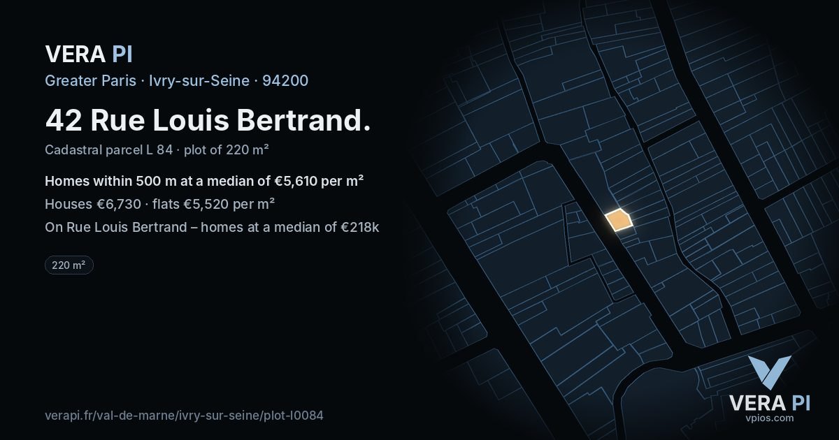 42 Rue Louis Bertrand, Ivry-sur-Seine at night – the plot lit, the parcels around coloured by the prices near them
