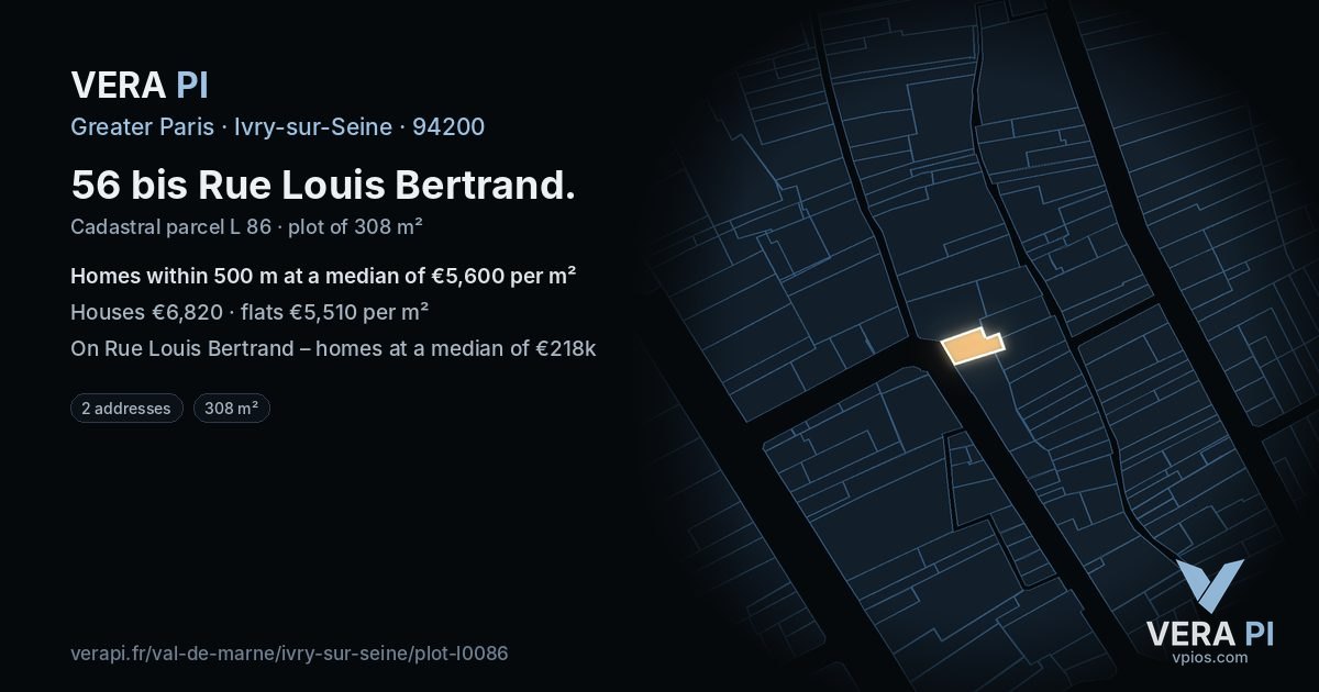 56 bis Rue Louis Bertrand, Ivry-sur-Seine at night – the plot lit, the parcels around coloured by the prices near them