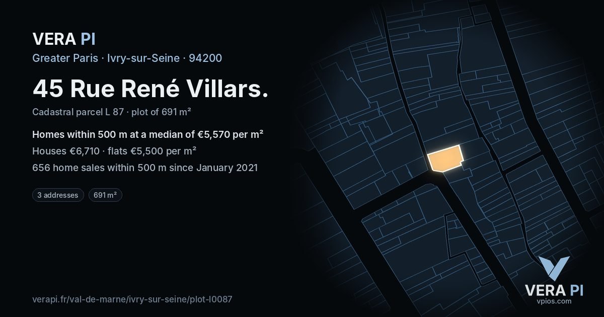 45 Rue René Villars, Ivry-sur-Seine at night – the plot lit, the parcels around coloured by the prices near them