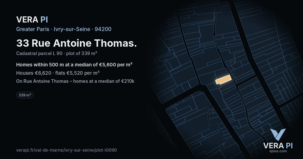 33 Rue Antoine Thomas, Ivry-sur-Seine at night – the plot lit, the parcels around coloured by the prices near them