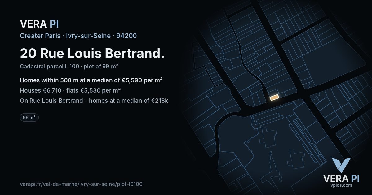 20 Rue Louis Bertrand, Ivry-sur-Seine at night – the plot lit, the parcels around coloured by the prices near them