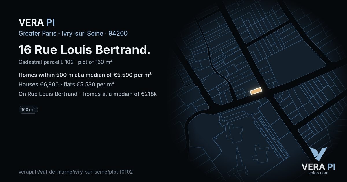 16 Rue Louis Bertrand, Ivry-sur-Seine at night – the plot lit, the parcels around coloured by the prices near them