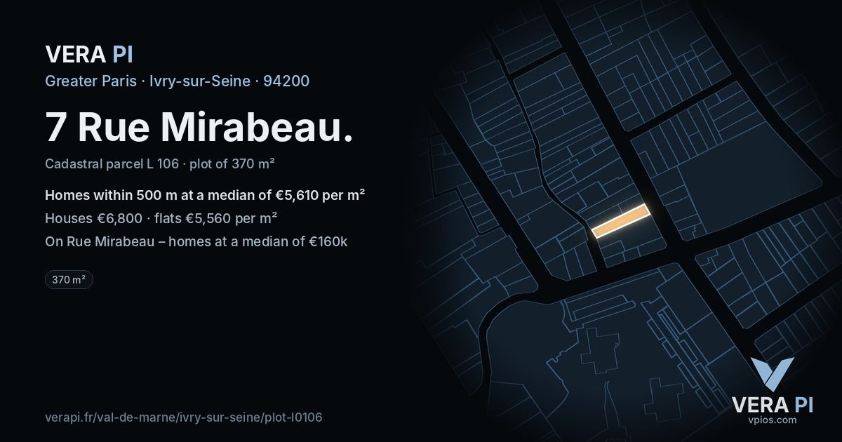 7 Rue Mirabeau, Ivry-sur-Seine at night – the plot lit, the parcels around coloured by the prices near them