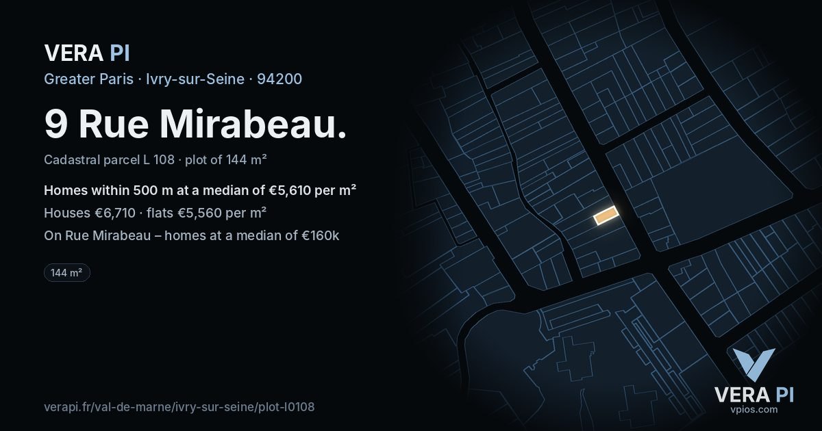 9 Rue Mirabeau, Ivry-sur-Seine at night – the plot lit, the parcels around coloured by the prices near them