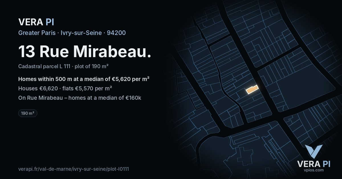 13 Rue Mirabeau, Ivry-sur-Seine at night – the plot lit, the parcels around coloured by the prices near them