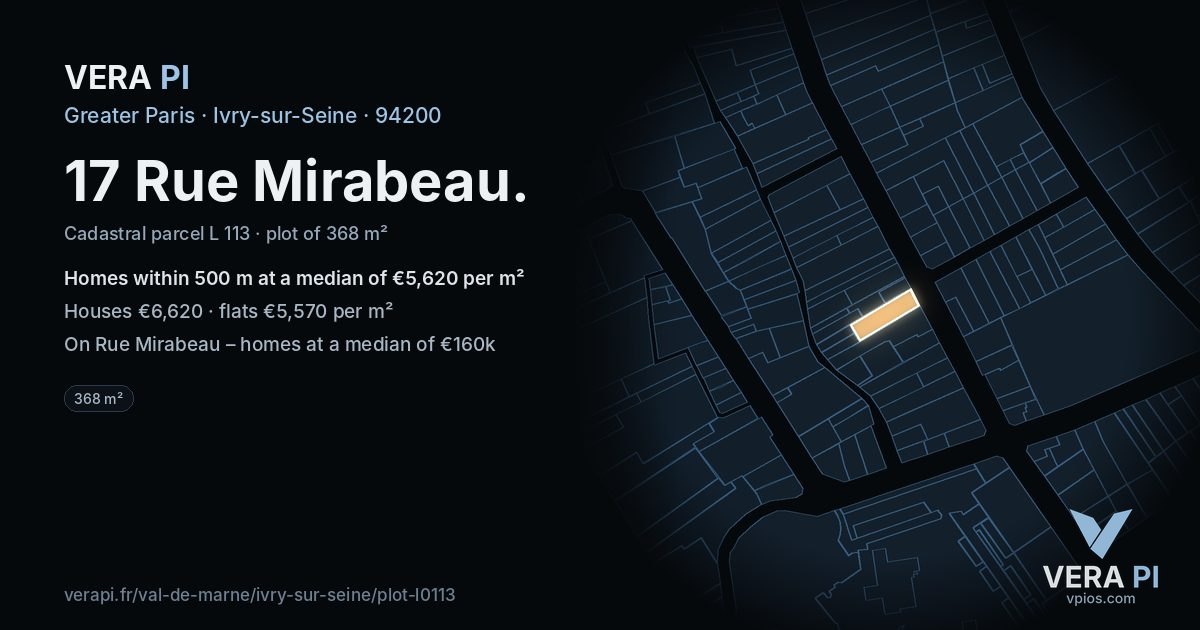 17 Rue Mirabeau, Ivry-sur-Seine at night – the plot lit, the parcels around coloured by the prices near them