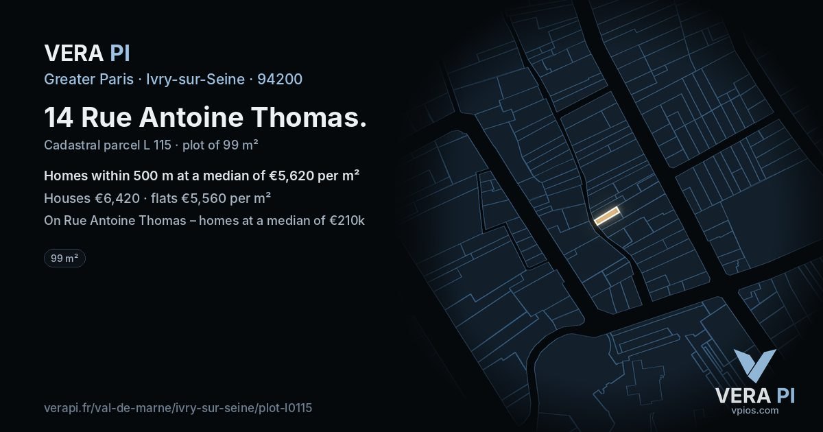 14 Rue Antoine Thomas, Ivry-sur-Seine at night – the plot lit, the parcels around coloured by the prices near them