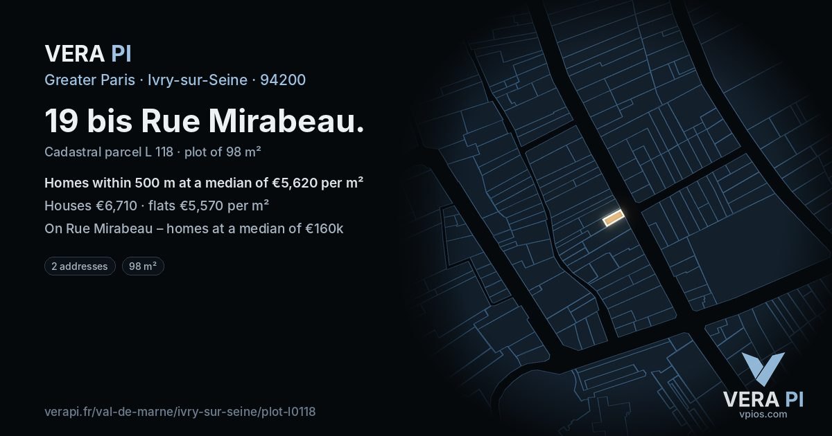 19 bis Rue Mirabeau, Ivry-sur-Seine at night – the plot lit, the parcels around coloured by the prices near them