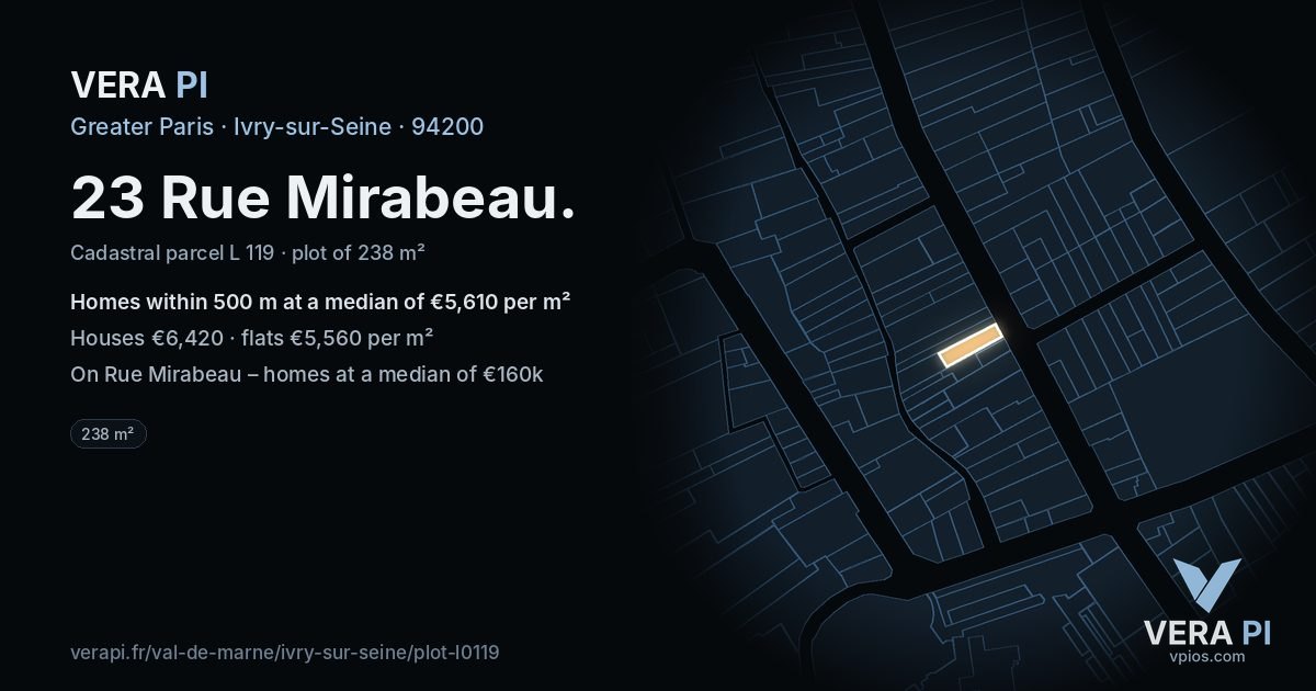 23 Rue Mirabeau, Ivry-sur-Seine at night – the plot lit, the parcels around coloured by the prices near them