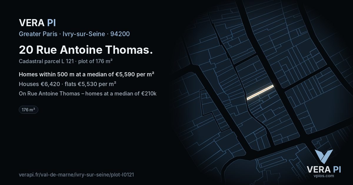 20 Rue Antoine Thomas, Ivry-sur-Seine at night – the plot lit, the parcels around coloured by the prices near them
