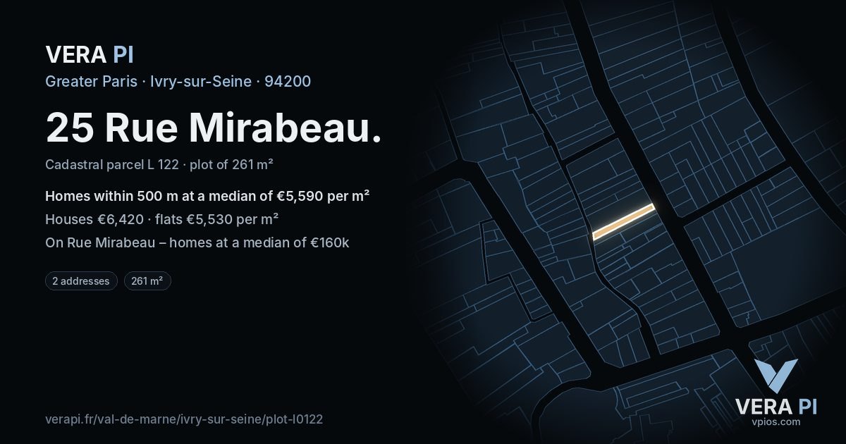 25 Rue Mirabeau, Ivry-sur-Seine at night – the plot lit, the parcels around coloured by the prices near them