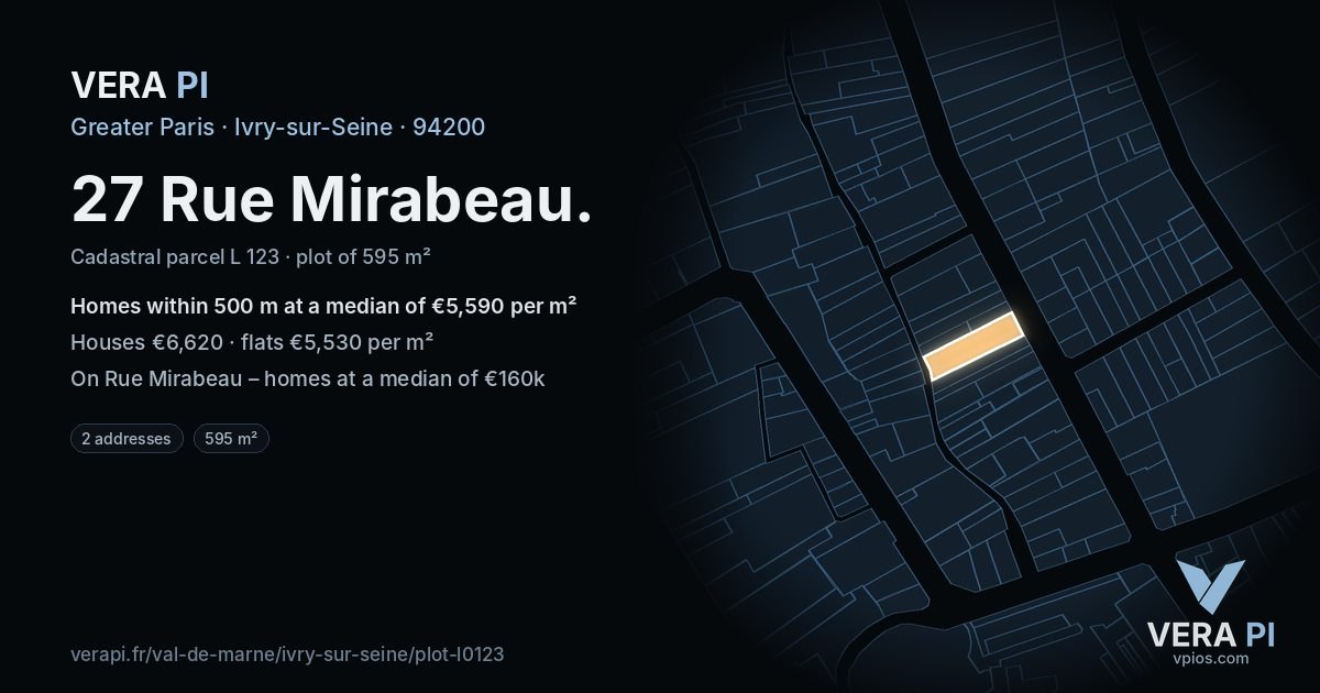 27 Rue Mirabeau, Ivry-sur-Seine at night – the plot lit, the parcels around coloured by the prices near them