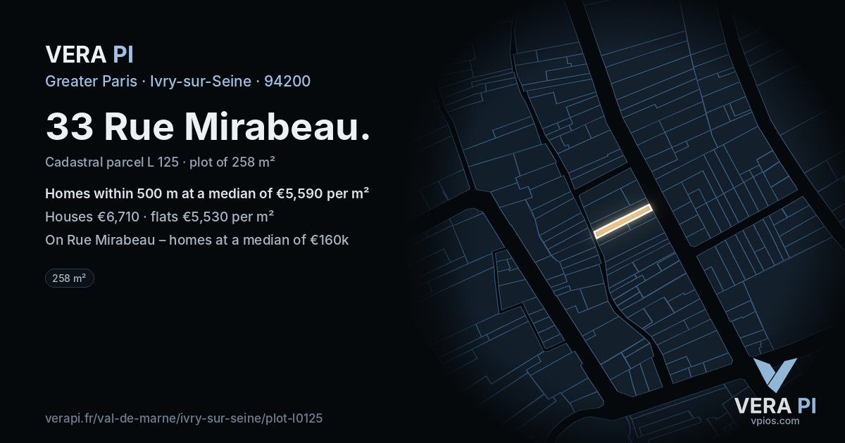 33 Rue Mirabeau, Ivry-sur-Seine at night – the plot lit, the parcels around coloured by the prices near them