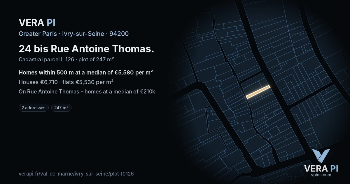 24 bis Rue Antoine Thomas, Ivry-sur-Seine at night – the plot lit, the parcels around coloured by the prices near them
