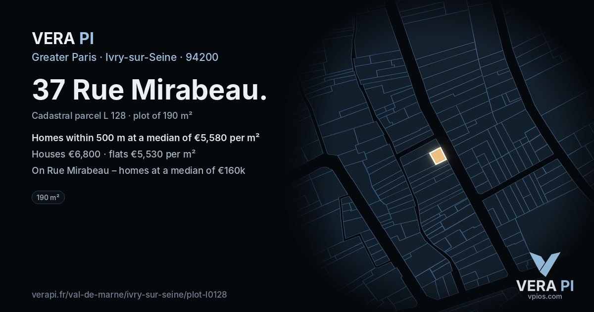 37 Rue Mirabeau, Ivry-sur-Seine at night – the plot lit, the parcels around coloured by the prices near them