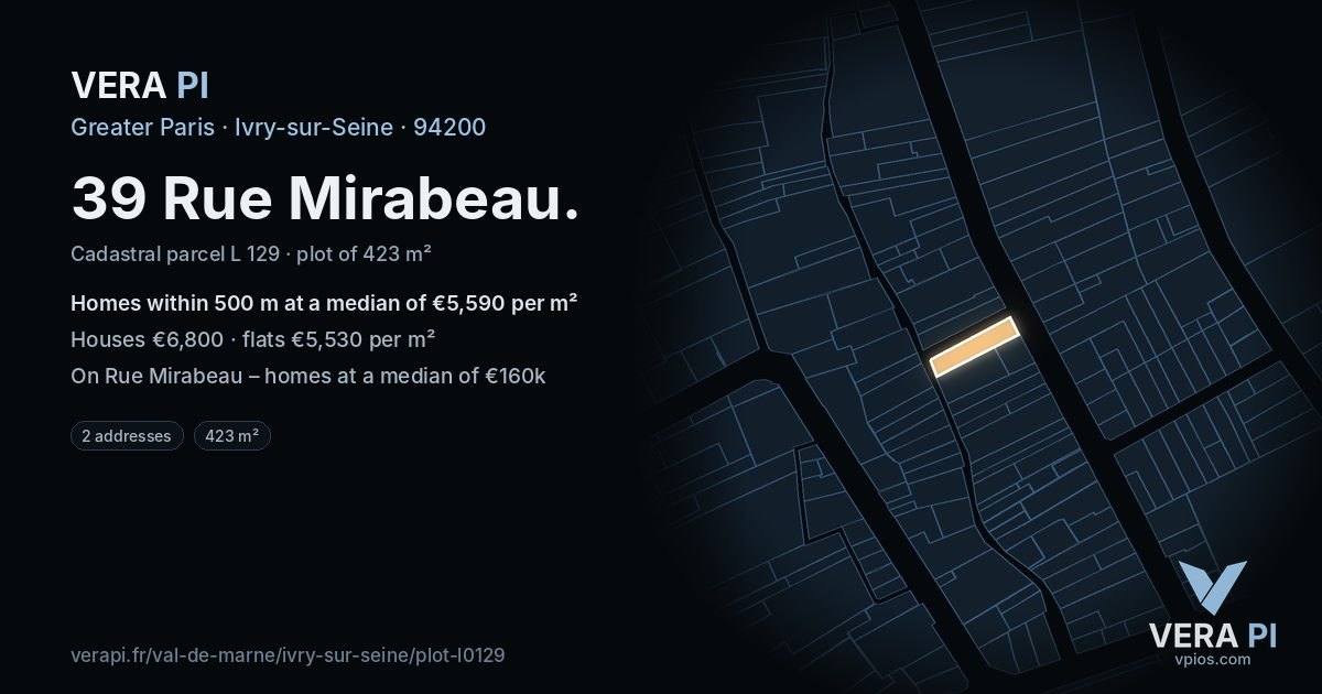 39 Rue Mirabeau, Ivry-sur-Seine at night – the plot lit, the parcels around coloured by the prices near them