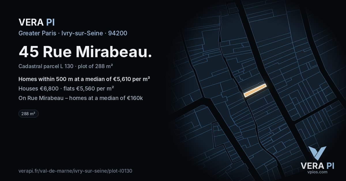 45 Rue Mirabeau, Ivry-sur-Seine at night – the plot lit, the parcels around coloured by the prices near them
