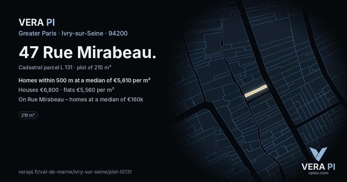 47 Rue Mirabeau, Ivry-sur-Seine at night – the plot lit, the parcels around coloured by the prices near them