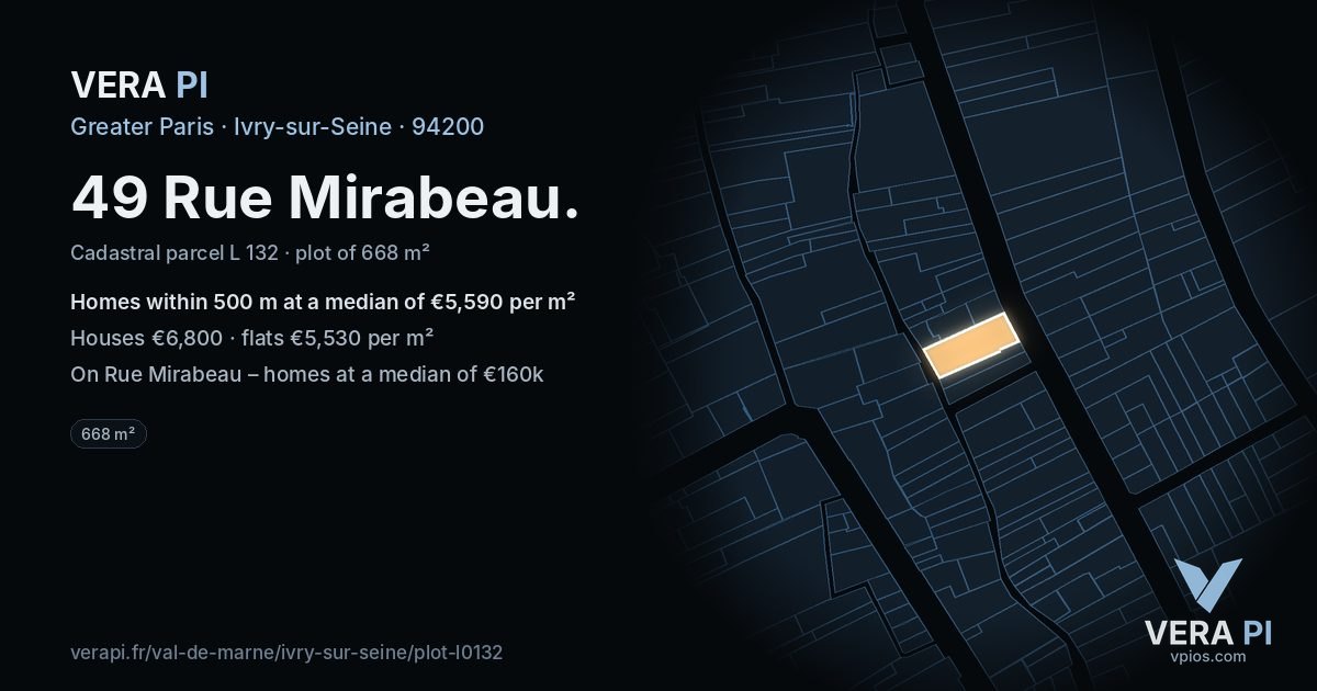 49 Rue Mirabeau, Ivry-sur-Seine at night – the plot lit, the parcels around coloured by the prices near them
