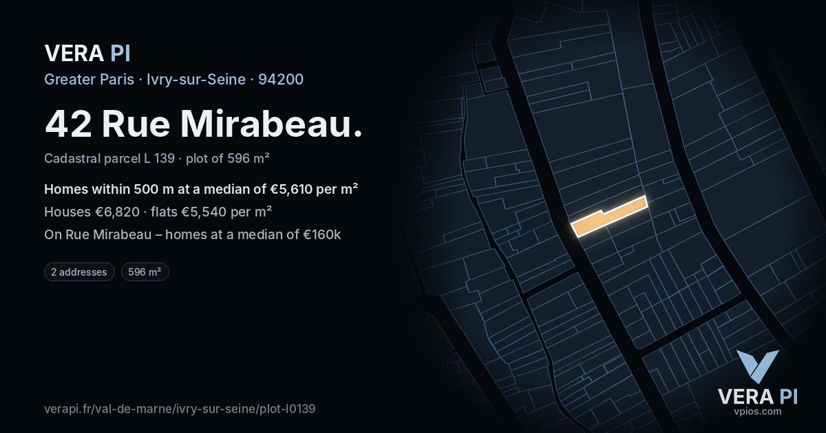 42 Rue Mirabeau, Ivry-sur-Seine at night – the plot lit, the parcels around coloured by the prices near them