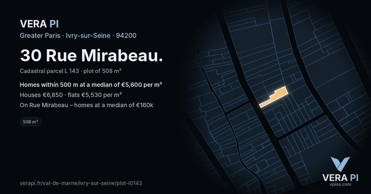 30 Rue Mirabeau, Ivry-sur-Seine at night – the plot lit, the parcels around coloured by the prices near them