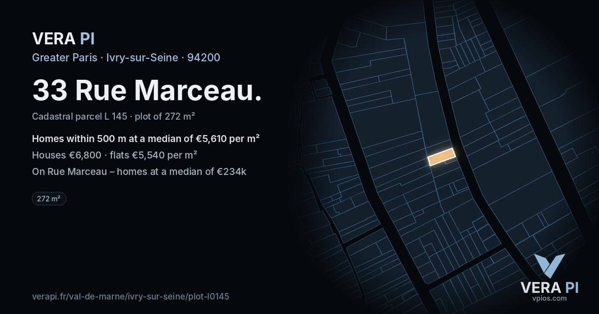 33 Rue Marceau, Ivry-sur-Seine at night – the plot lit, the parcels around coloured by the prices near them