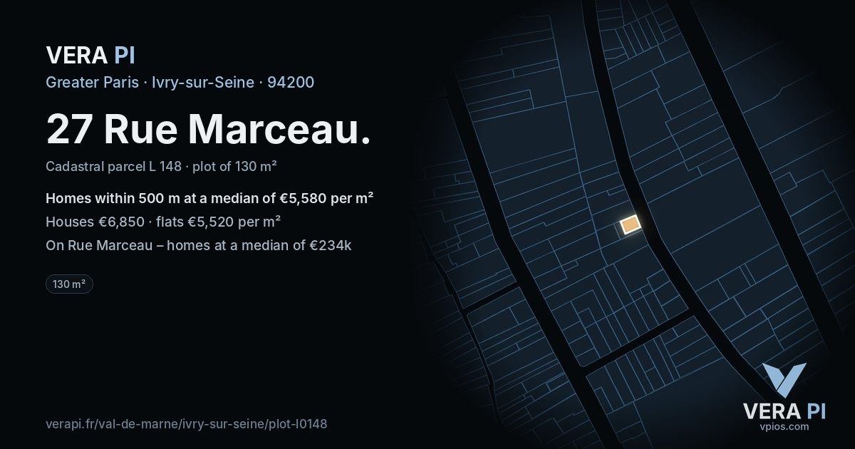 27 Rue Marceau, Ivry-sur-Seine at night – the plot lit, the parcels around coloured by the prices near them