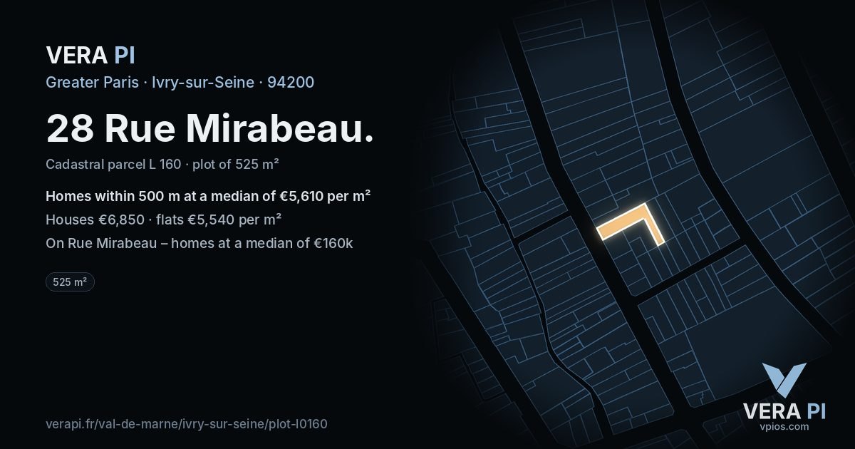28 Rue Mirabeau, Ivry-sur-Seine at night – the plot lit, the parcels around coloured by the prices near them