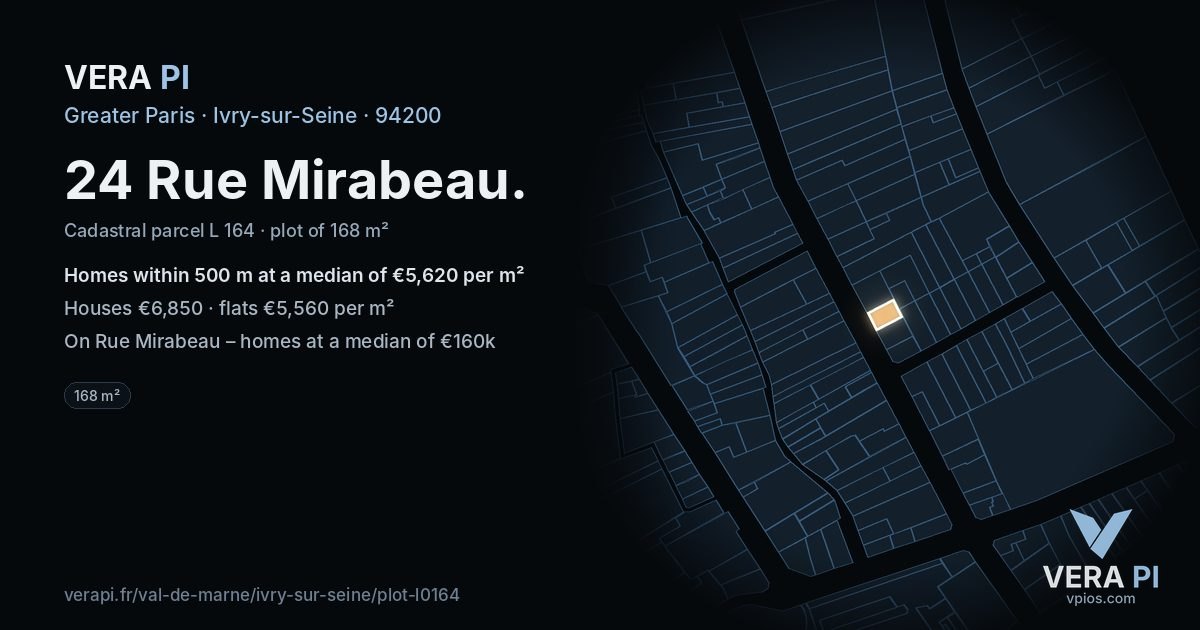 24 Rue Mirabeau, Ivry-sur-Seine at night – the plot lit, the parcels around coloured by the prices near them