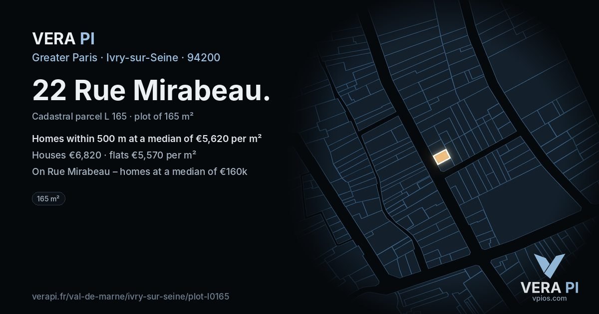 22 Rue Mirabeau, Ivry-sur-Seine at night – the plot lit, the parcels around coloured by the prices near them