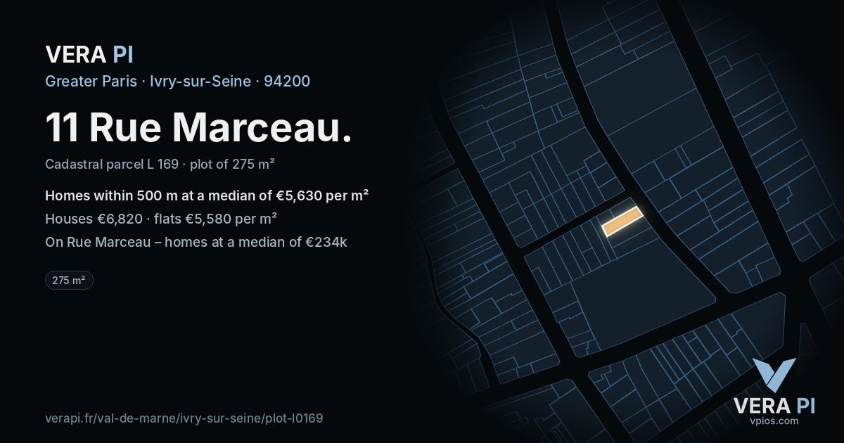 11 Rue Marceau, Ivry-sur-Seine at night – the plot lit, the parcels around coloured by the prices near them