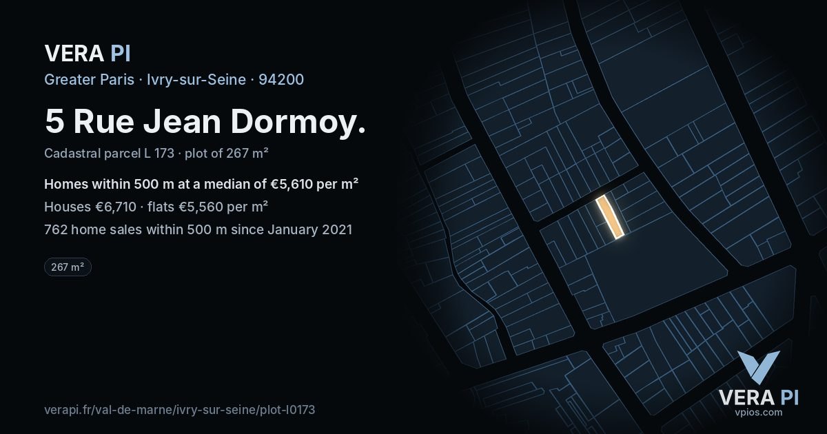 5 Rue Jean Dormoy, Ivry-sur-Seine at night – the plot lit, the parcels around coloured by the prices near them