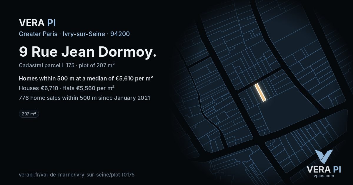 9 Rue Jean Dormoy, Ivry-sur-Seine at night – the plot lit, the parcels around coloured by the prices near them