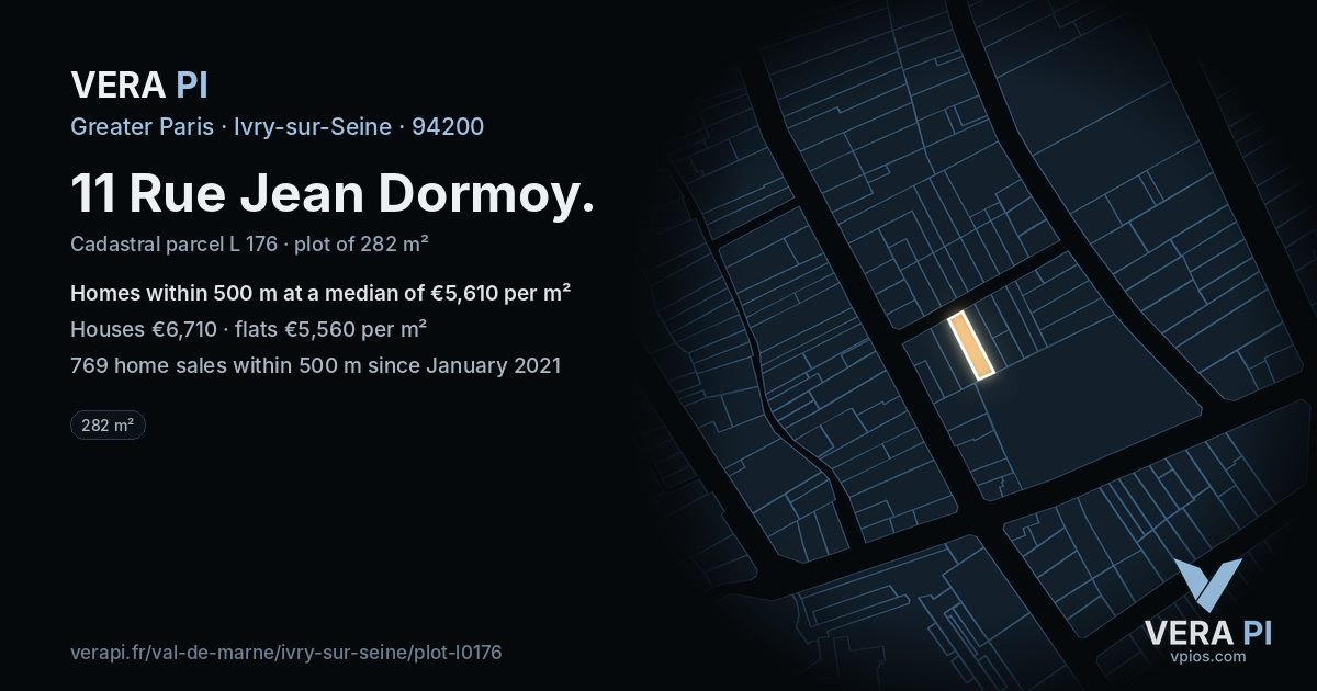 11 Rue Jean Dormoy, Ivry-sur-Seine at night – the plot lit, the parcels around coloured by the prices near them