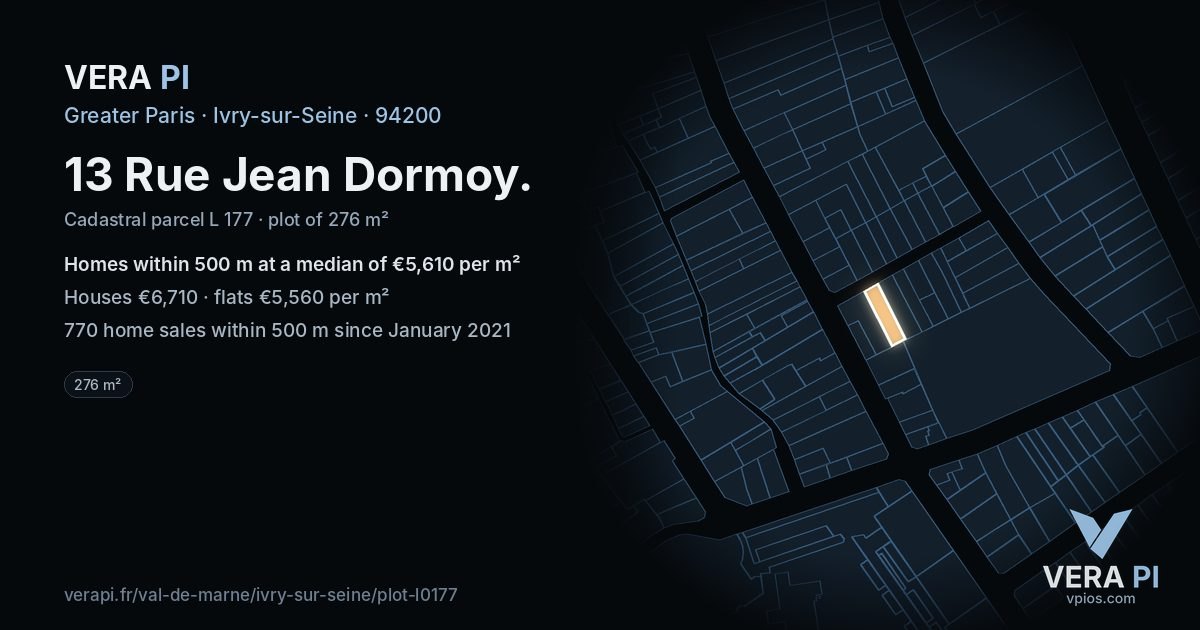 13 Rue Jean Dormoy, Ivry-sur-Seine at night – the plot lit, the parcels around coloured by the prices near them