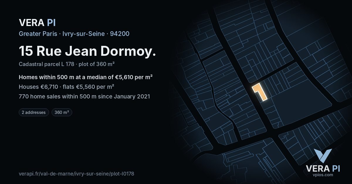 15 Rue Jean Dormoy, Ivry-sur-Seine at night – the plot lit, the parcels around coloured by the prices near them