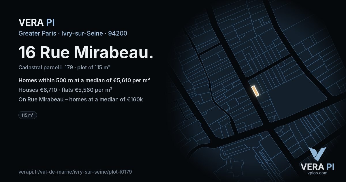 16 Rue Mirabeau, Ivry-sur-Seine at night – the plot lit, the parcels around coloured by the prices near them