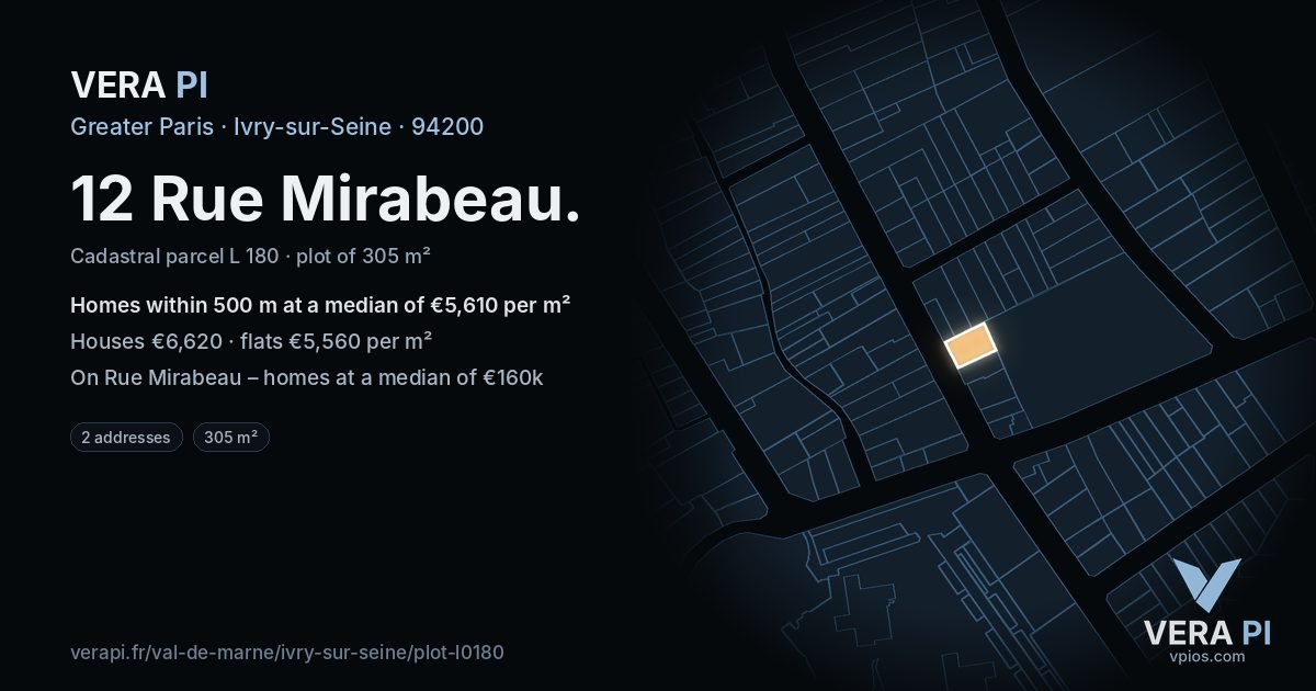 12 Rue Mirabeau, Ivry-sur-Seine at night – the plot lit, the parcels around coloured by the prices near them