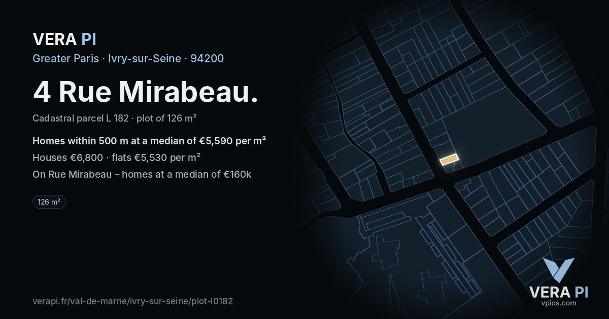 4 Rue Mirabeau, Ivry-sur-Seine at night – the plot lit, the parcels around coloured by the prices near them